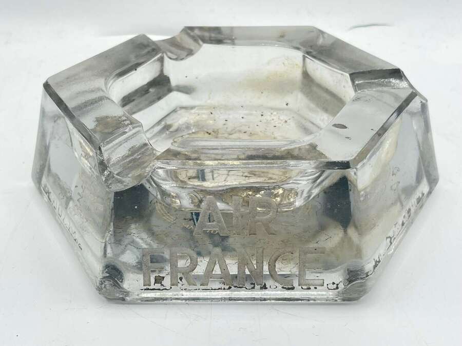 Vintage Glass Air France Airline Advertising Ashtray With Partial Paper Label