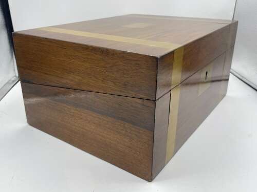 Antique Victorian Mahogany & Brass Banded Locking Writing Slope With Contents