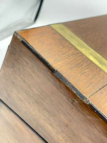 Antique Victorian Walnut & Brass Banded Locking Writing Slope With Inkwell
