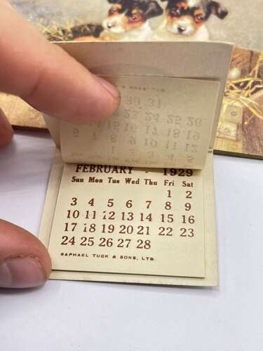 Antique 1929 Raphael Tuck & Sons Wall Hanging Calendar With Dogs In Basket