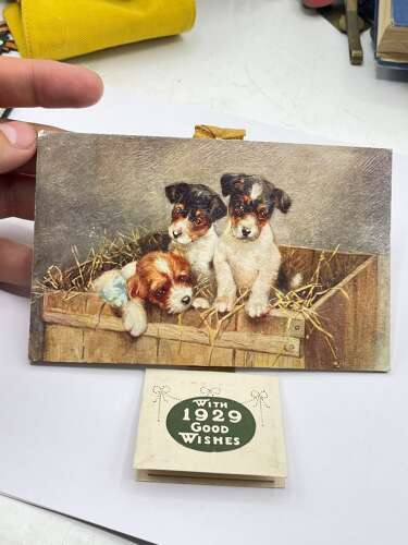 Antique 1929 Raphael Tuck & Sons Wall Hanging Calendar With Dogs In Basket