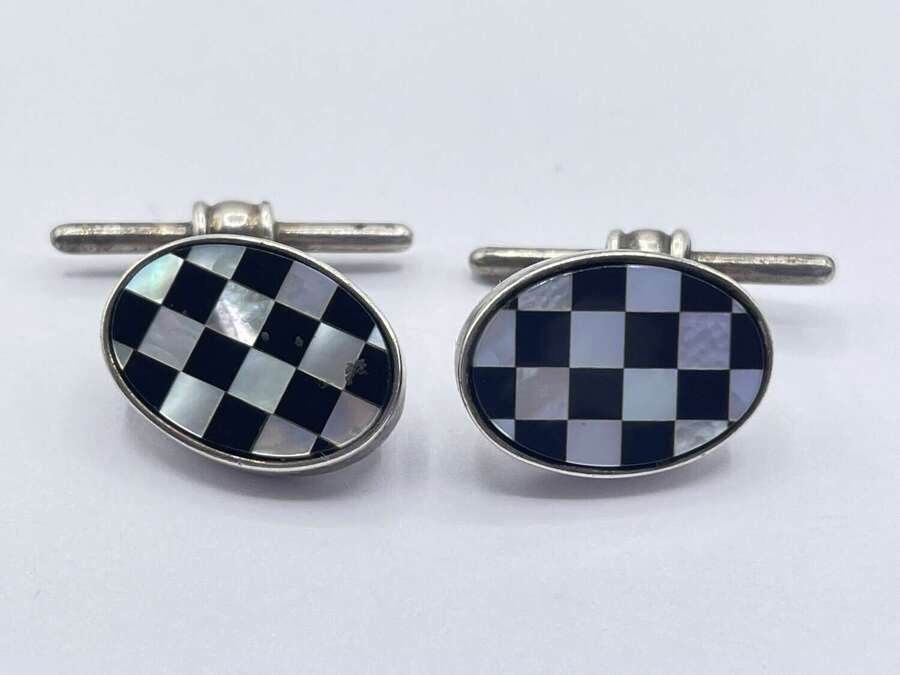 Vintage Sterling Silver Mother Of Pearl & Onyx Checkered Oval Cufflinks