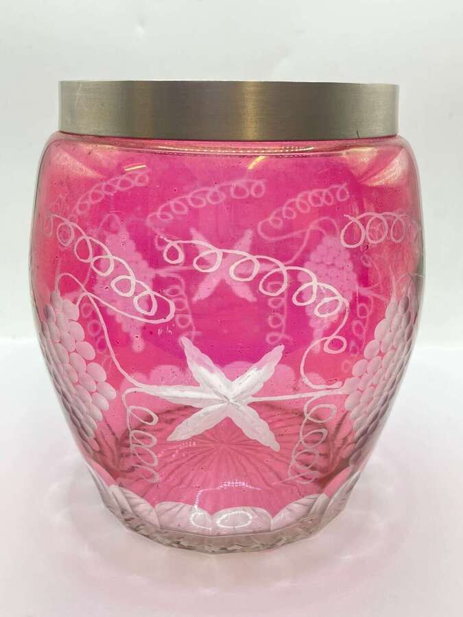 Antique Cranberry Overlay Cut Glass Silver Plated Rimmed Vase