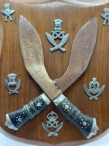 Post WW2 Free Standing Walnut Shield Mounted Kukri’s & Regimental Badges