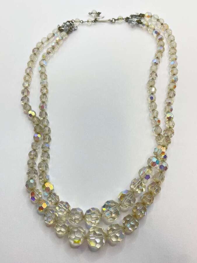 Beautiful Vintage Silver Tone & Aurora Borealis Crystal Two Tier Necklace