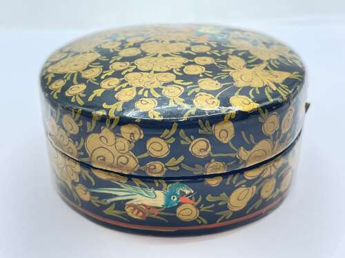 Antique 1920s Paper Mache Black Laquered Hand Painted Trinket/ Snuff Box