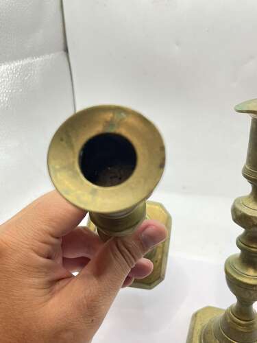Antique Victorian Pair Of Brass Candle Sticks With Pushers