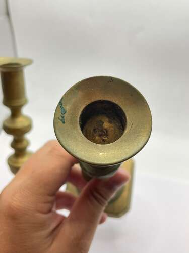 Antique Victorian Pair Of Brass Candle Sticks With Pushers
