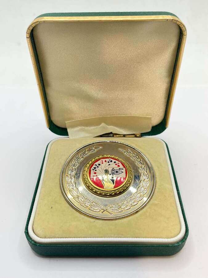 Vintage Silver Plated Medal For Gambilling/ Card Games & Box