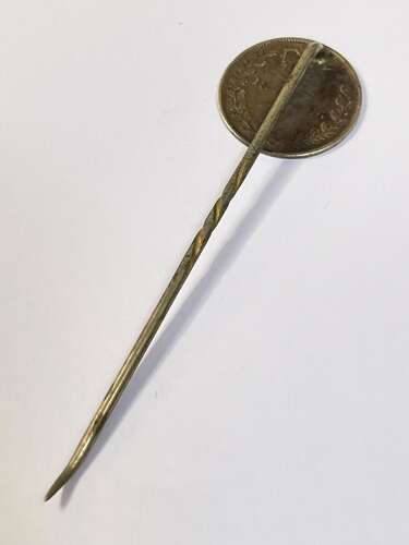 Antique Victorian Engraved Cypher H.I Silver 1876 Three Pence Stick Hat Pin