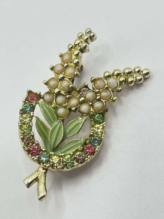 Vintage Gold Tone & Faceted Glass Stones Lucky Horse Shoe Heather Brooch